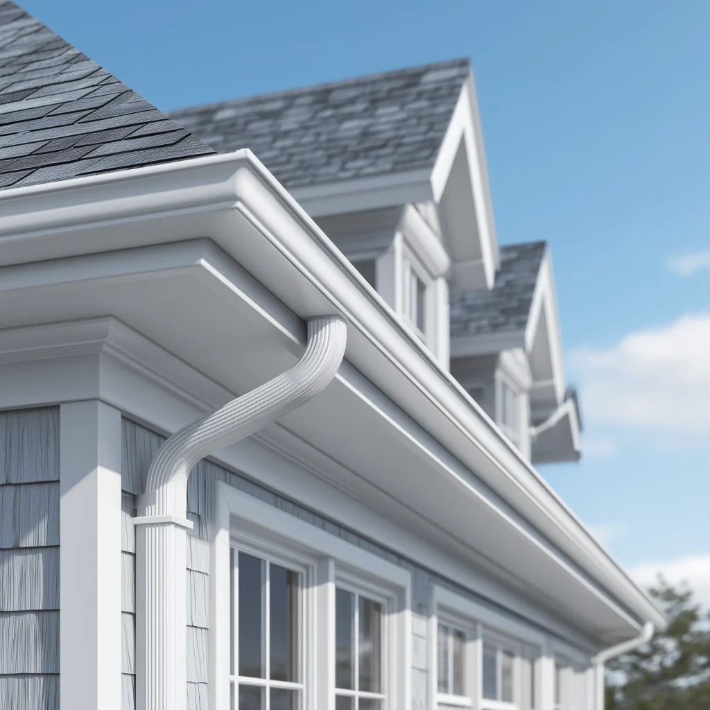 Close-up view of seamless aluminum gutters installed on a suburban home