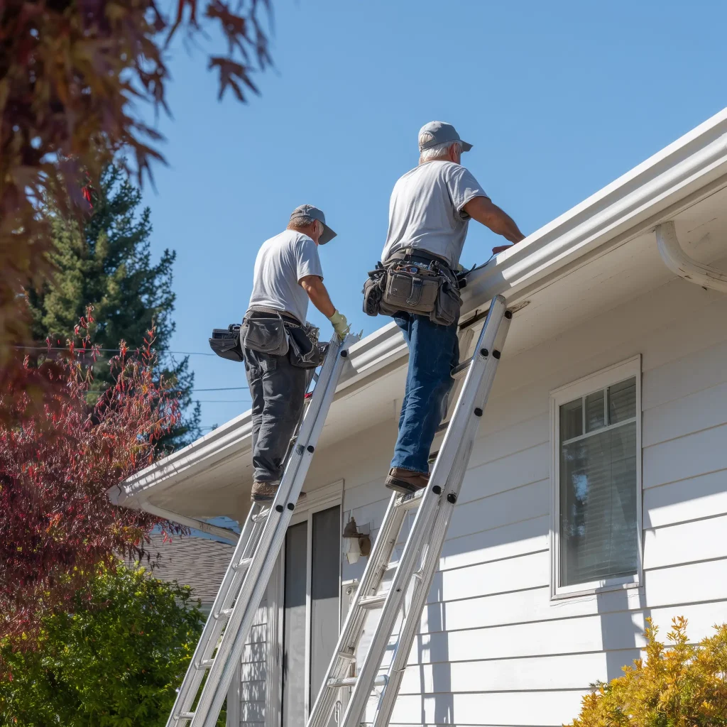 Two roofing contractors installing seamless aluminum gutters on a suburban home