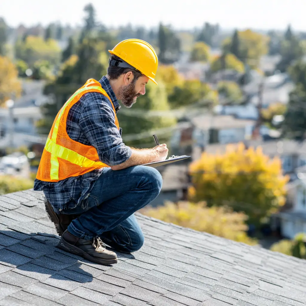 Roofer performing a roof inspection on an asphalt shingle roof of a suburban home