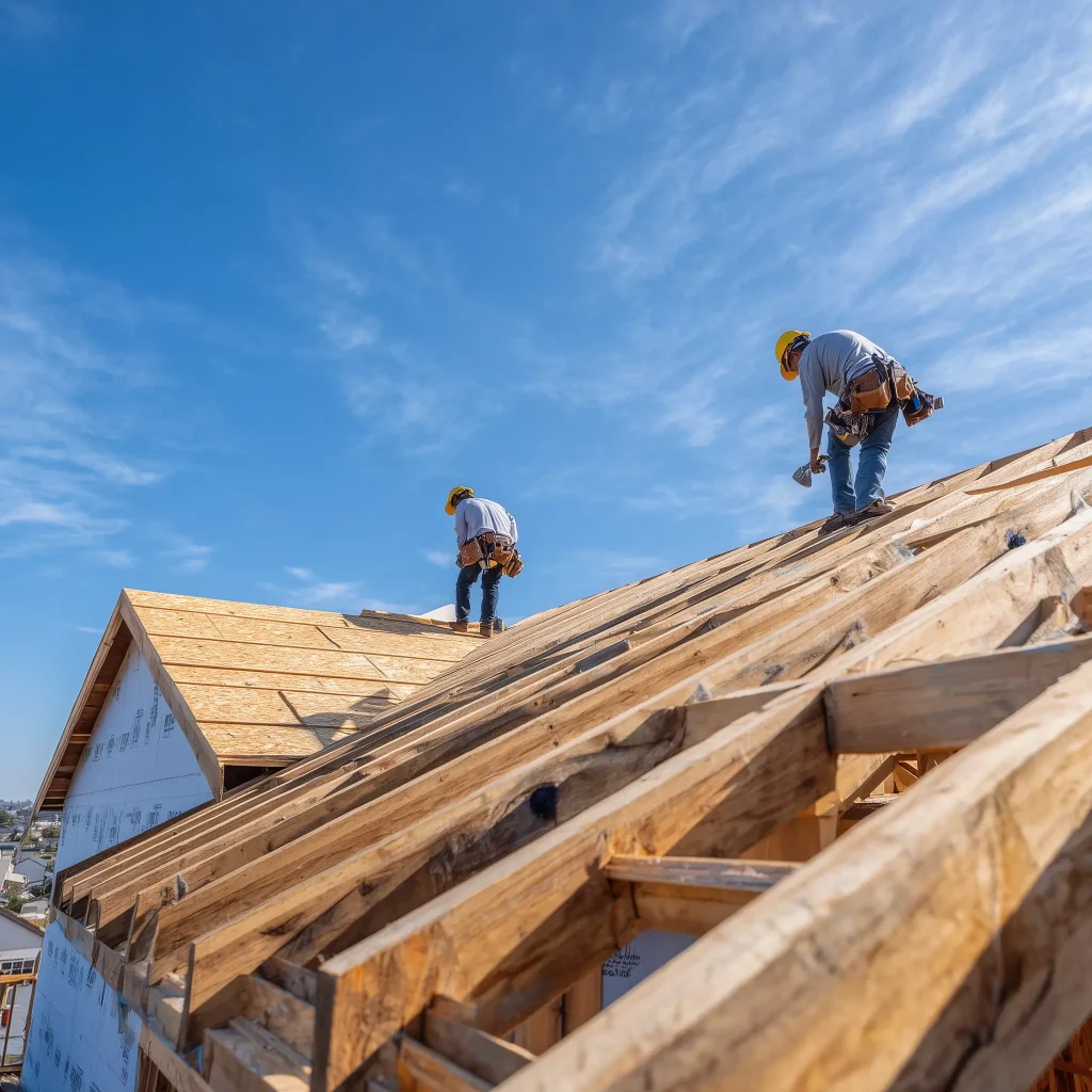 Roofers installing a new roof on a home under construction