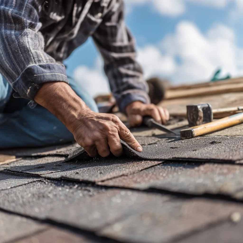 Roofer replacing damaged shingles during a roof repair on a suburban home