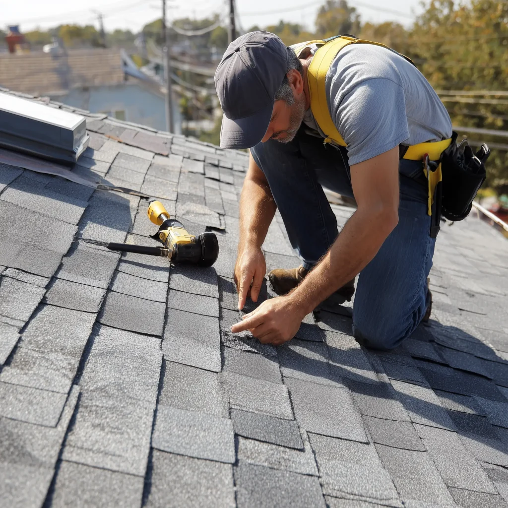 Roofer replacing damaged shingles during a roof repair on a suburban home
