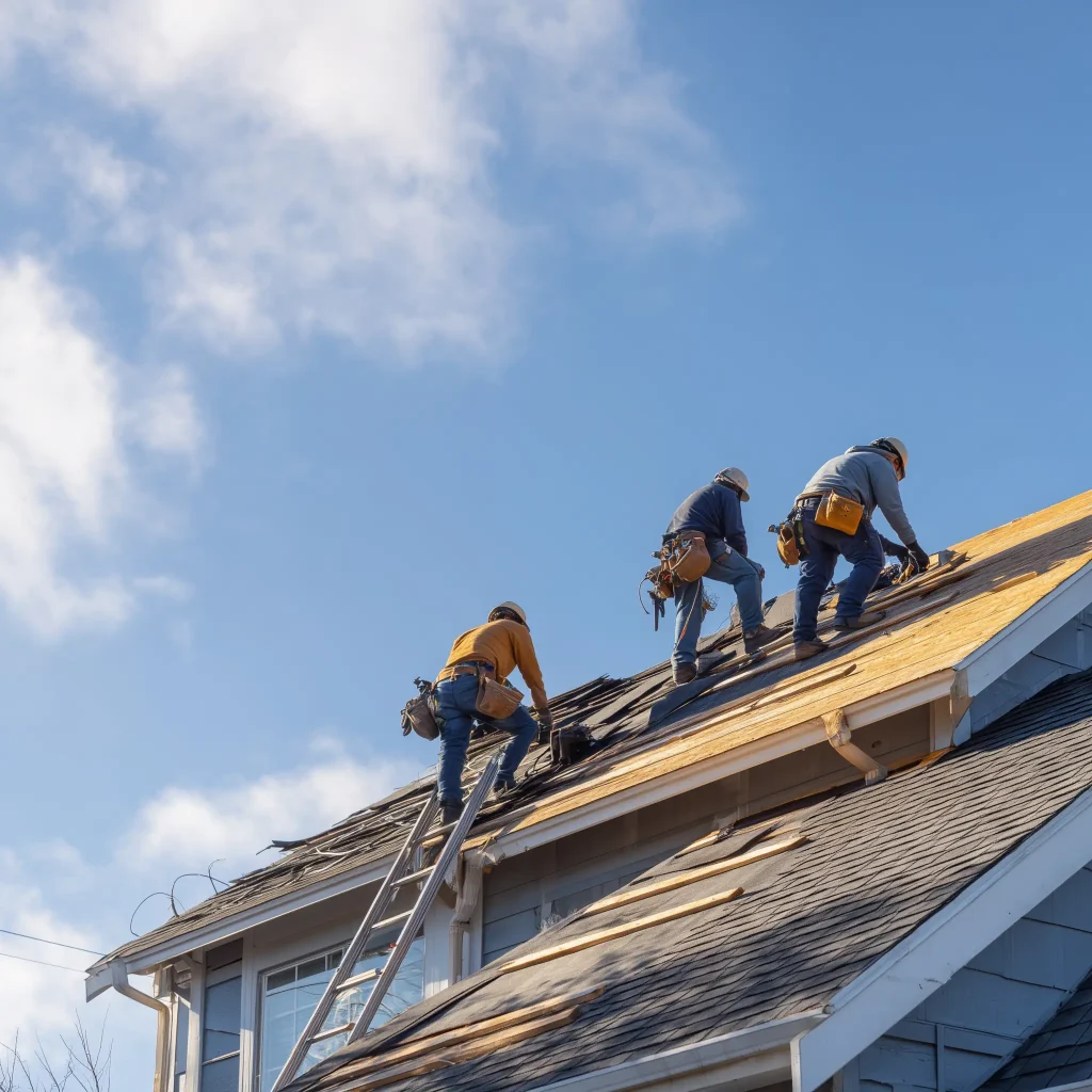 Roofing team replacing an old roof with new asphalt shingles on a suburban home