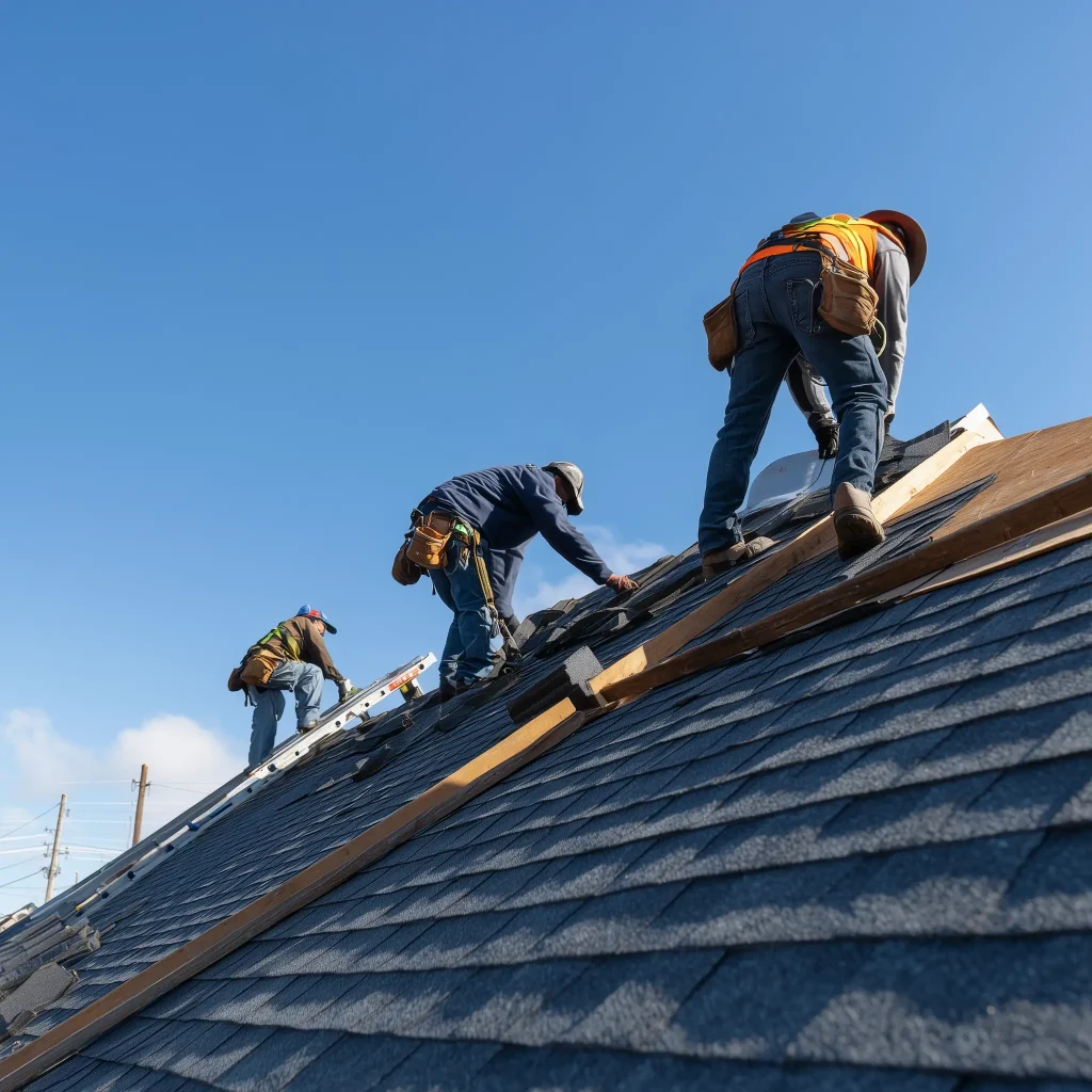 Roofing team replacing an old roof with new asphalt shingles on a suburban home